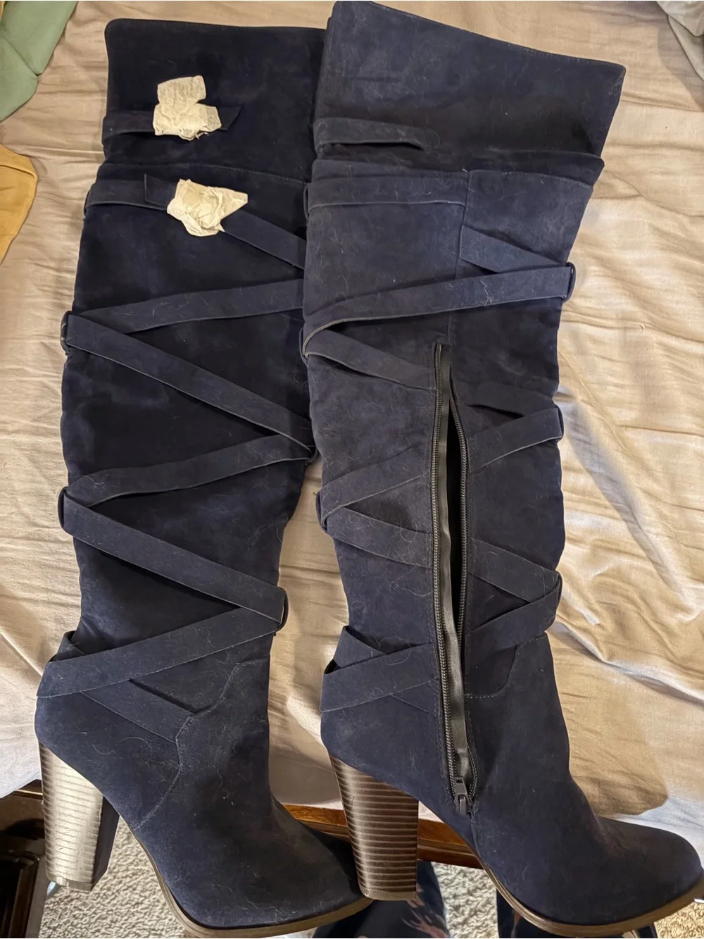 Women's Navy Suede Over-the-Knee Strap Boots